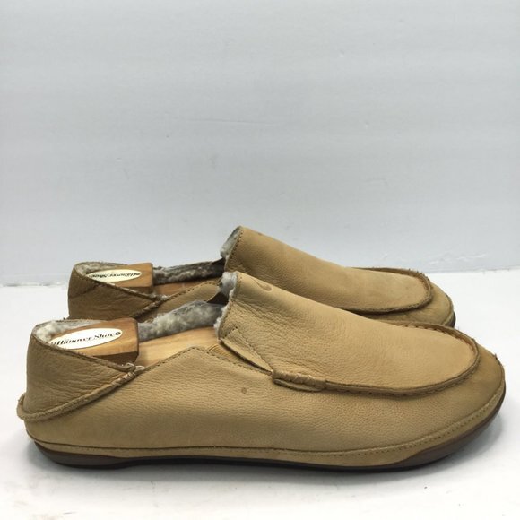 Olukai Kipuka Hulu Slipper Men Size M11 Toffee Leather Shearling Lining Slip-On - Picture 2 of 13